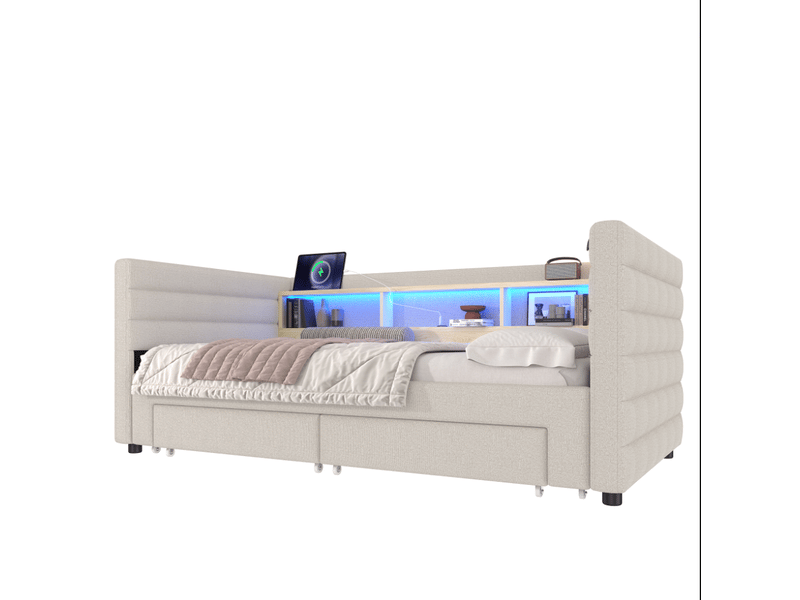  Lit gigogne 90x190 cm led usb type-c, mdf, velours beige sans matelas  - Conforama A