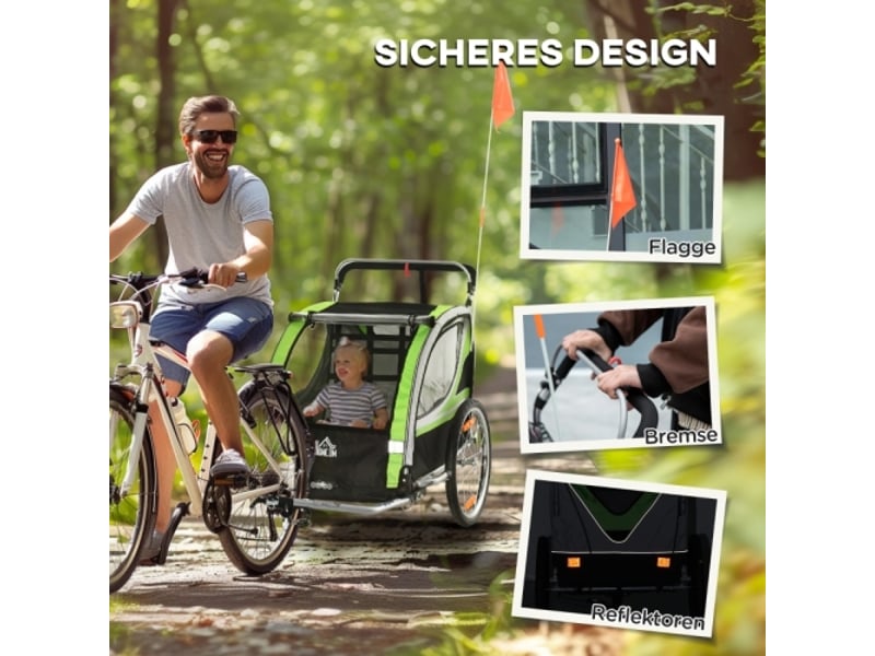 Remorque vélo enfant 2 en 1 pour 2 enfants, fonction poussette, frein, protection pluie, verte - Conforama E