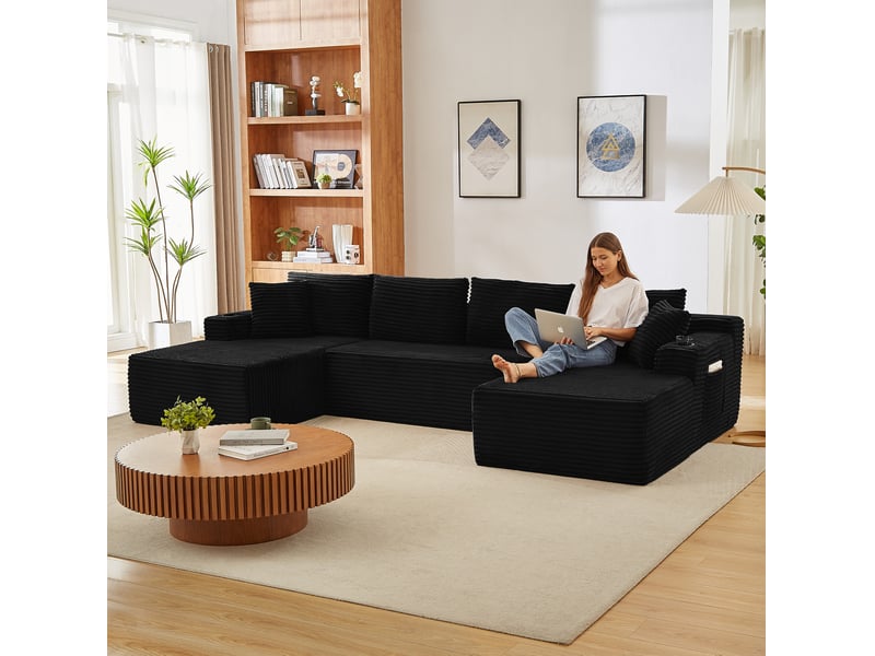 Canapé modulable en u 6 places sans structure en velours côtelé noir - Conforama D