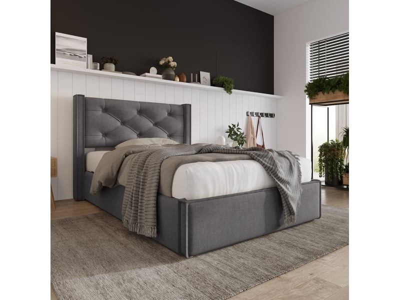  Lit coffre 90 × 200 cm 1 place avec rangement hydraulique et tête de lit rembourrée, sans matelas, coton gris  - Conforama C