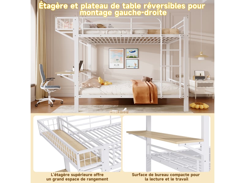  Lit superposé 140 x 200 cm – avec bureau – avec barrières de sécurité – avec échelle – blanc (matelas non inclus)  - Conforama W