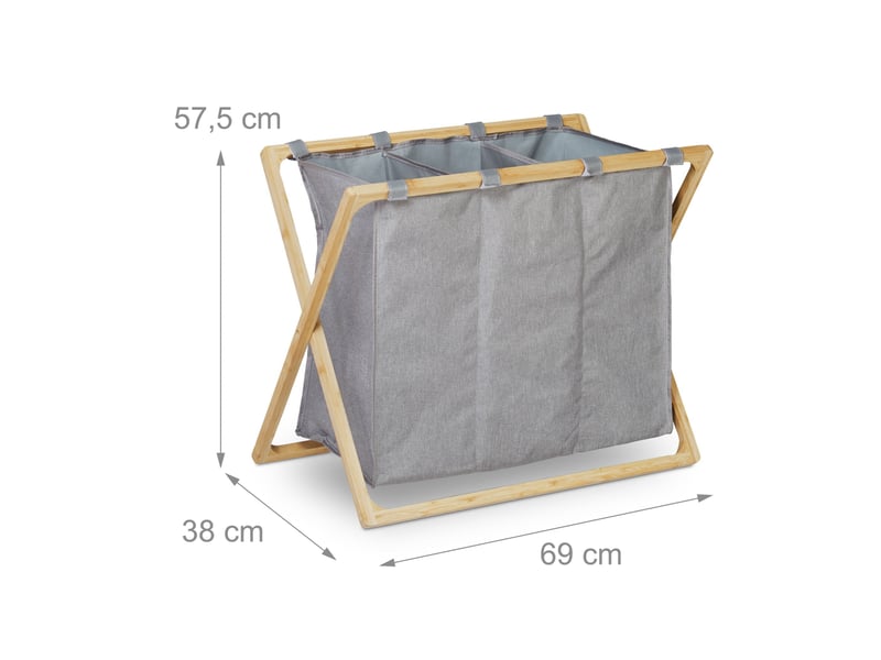  Panier à linge 3 compartiments pliable design moderne 70 x 40 x 60 cm en bambou naturel gris 13_0008536  - Conforama B