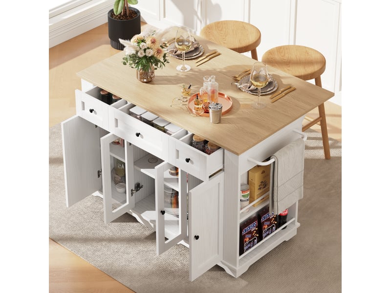 Desserte 151,5x60x91,7 cm, îlot de cuisine, 3 tiroirs, 4 portes, pour cuisine, en mdf et verre trempé, blanc et bois  - Conforama B