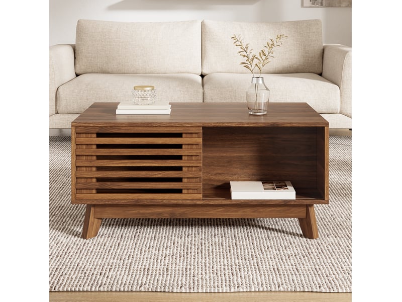  Table basse ulevr relevable avec rangement, porte coulissante à lamelles, mdf effet noyer, 90 x 55 x 57,5 cm  - Conforama D