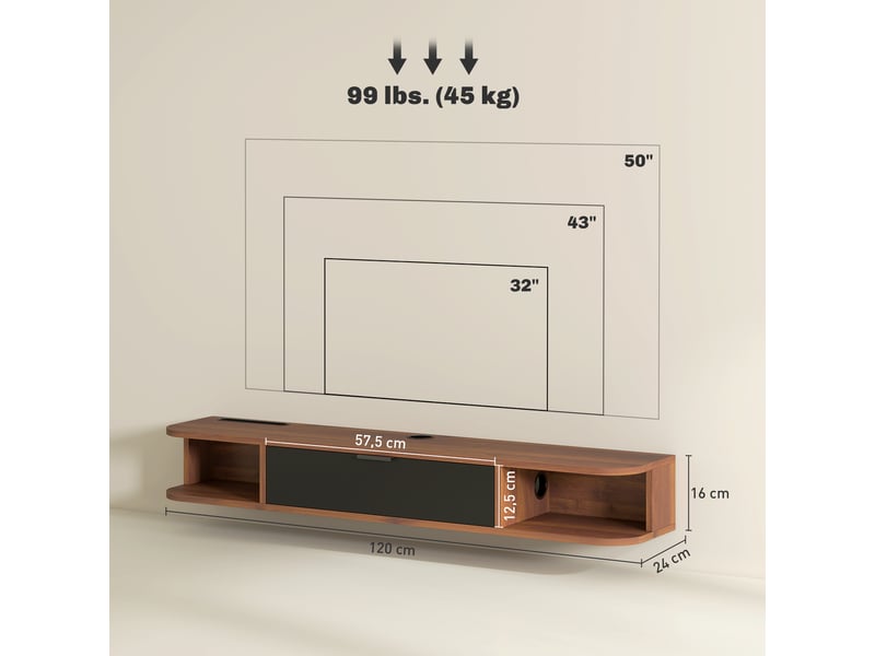  Meuble tv suspendu, meuble télé pour téléviseur jusqu'à 50 pouces, tiroir rabattable, 2 étagères, 120x24x16cm, noyer  - Conforama C