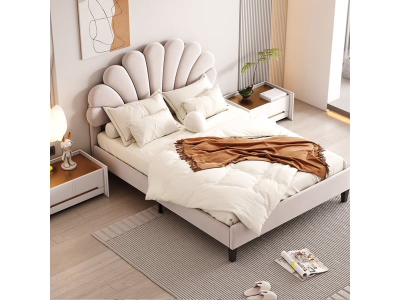 Lit capitonné en velours beige 140 x 200 cm - Conforama D
