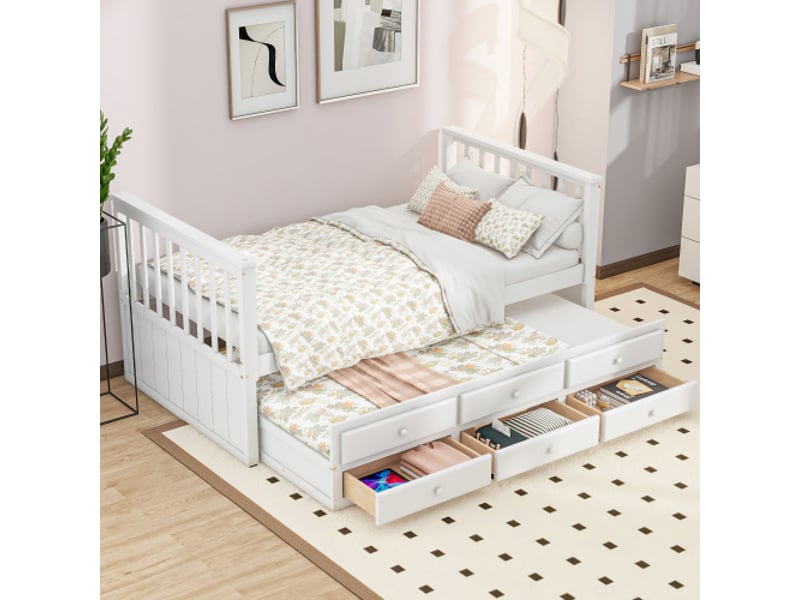  Lit simple 90x200 cm, avec lit gigogne(90x190cm) et 3 tiroirs, en pin massif et mdf, blanc, sans matelas  - Conforama C
