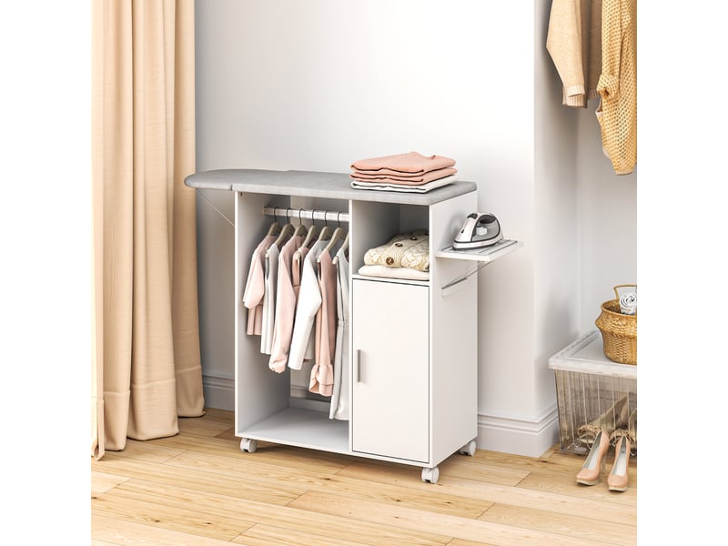  Table à repasser mobile avec surface de rangement, 3 cubes de rangement et barre de maintien, 127 x 42,5 x 99 cm, blanche  - Conforama C