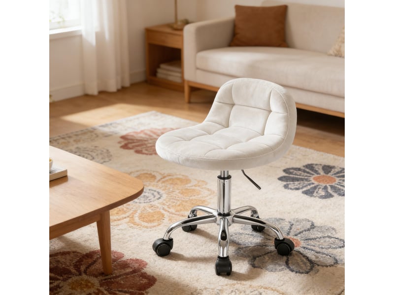  Tabouret de bureau réglable,31x38x56,5-68 cm,à roulettes,velours,blanc crème  - Conforama E