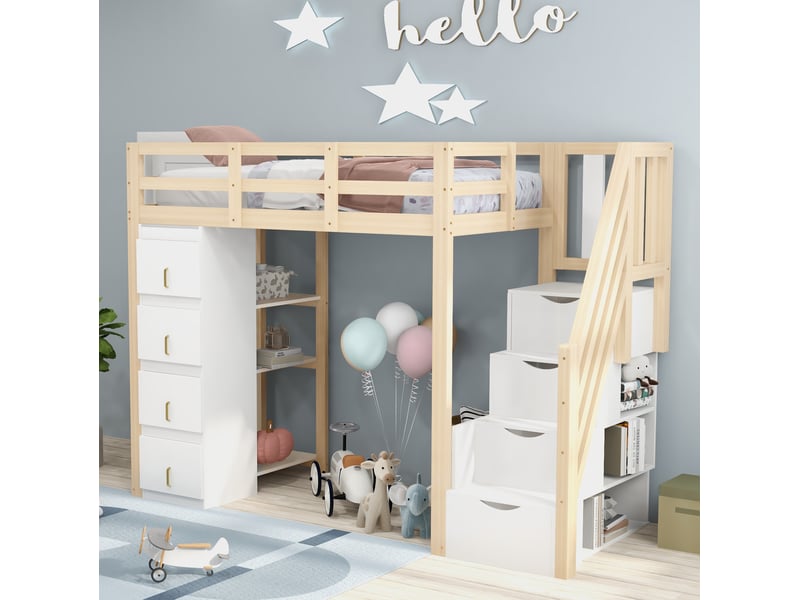  Lit mezzanine 90x200cm, li enfant avec 4 tiroirs, étagères, escalier, espace de rangement et sommier, pin+mdf, blanc+bois, sans matelas  - Conforama W