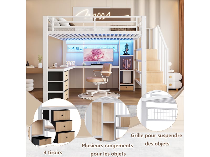 Lit mezzanine enfant 140x200 cm avec bureau, escalier avec rangement, 4 tiroirs, led, cadre métallique et mdf, blanc Radiant Stride - Conforama D