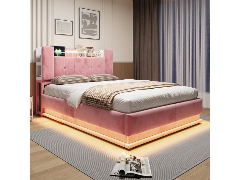  Lit double 140 × 200 cm coffre hydraulique avec led, ports usb et rangement tête de lit en velours rose pour chambre  - Conforama E