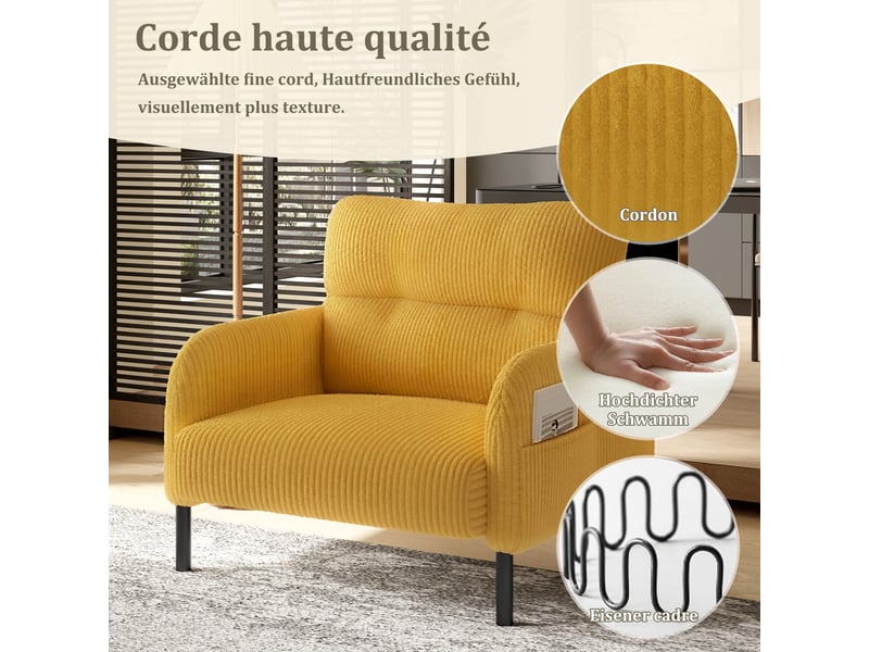  Fauteuil d'accent 67x75x79cm – fauteuil lounge individuel contemporain avec assise profonde et poches latérales double face – velours côtelé - jaune  - Conforama E
