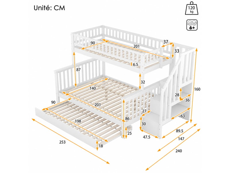  Lit mezzanine lit simple 90x200 cm en bois avec toit, barrière et échelle, sans matelas, blanc et naturel  - Conforama D