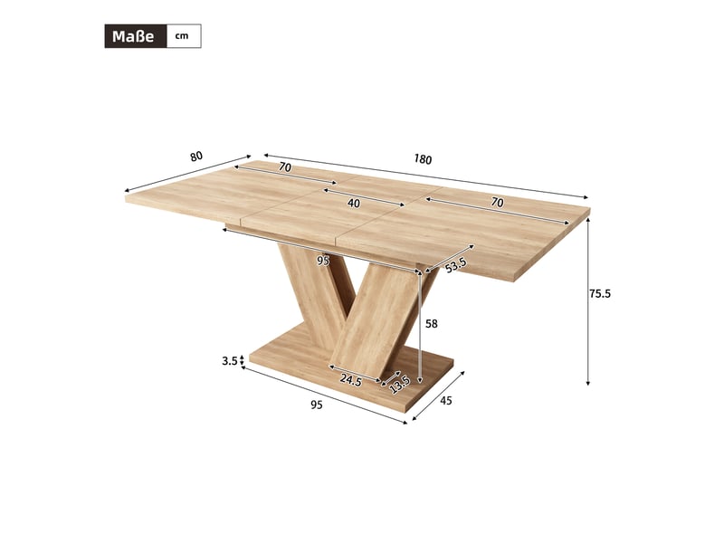  Table à manger extensible, chêne, 140180 × 80 cm, 4-6 personnes, plateau épais, pieds en v  - Conforama C