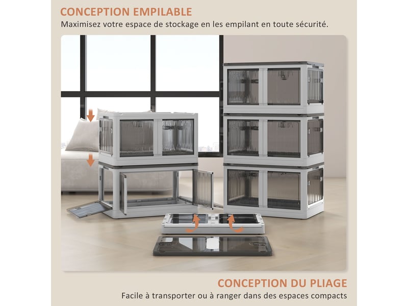  Boîtes de rangement pliables et empilables 69l en plastique avec couvercle et 4 roulettes, blanc, accès à 5 côtés  - Conforama E