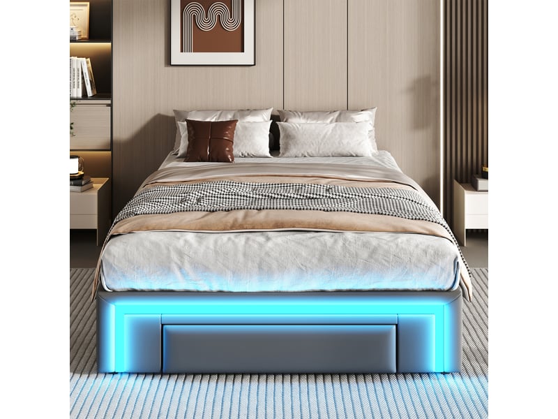  Lit simple 90x200 cm avec tiroirs et bande lumineuse led, cadre de lit adulte en métalliques, lit 1 personne en cuir pu, gris  - Conforama D