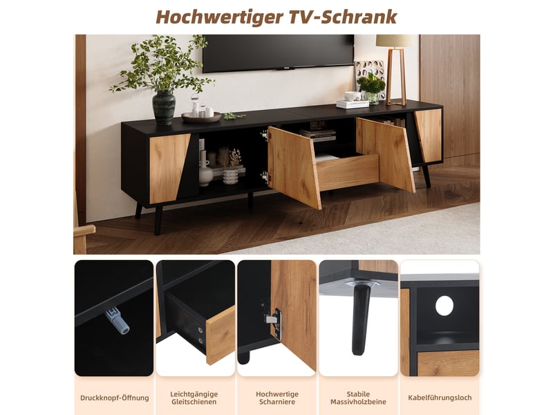 Meuble tv 180×40×46 cm, tv 75 pouces, panneaux de particules, 6 pieds en bois massif, 2 placards et tiroir à pression - Conforama D