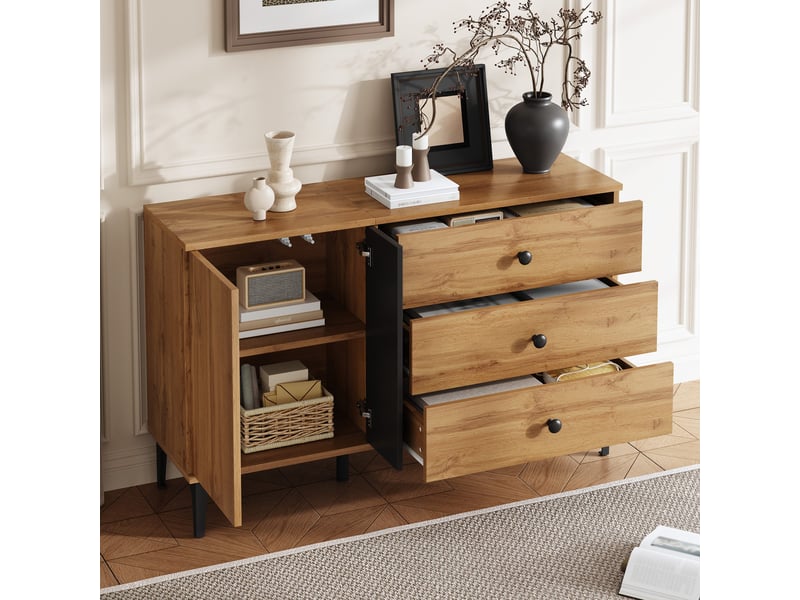  Buffet bahut 120x35x76 cm, meuble de rangement effet bois et noir, 1 porte, 3 tiroirs, pieds en métal, salon - noir bois  - Conforama D