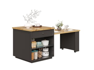 Îlot de cuisine extensible 120184x70x94 cm, 5 tiroirs + étagère réglable, 4 roulettes, mdf, noir et aspect bois
