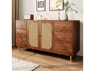 Buffet design moderne avec tiroirs et portes en rattan, meuble de rangement cuisine salon, couleur brun, dimensions 160x40x90 cm