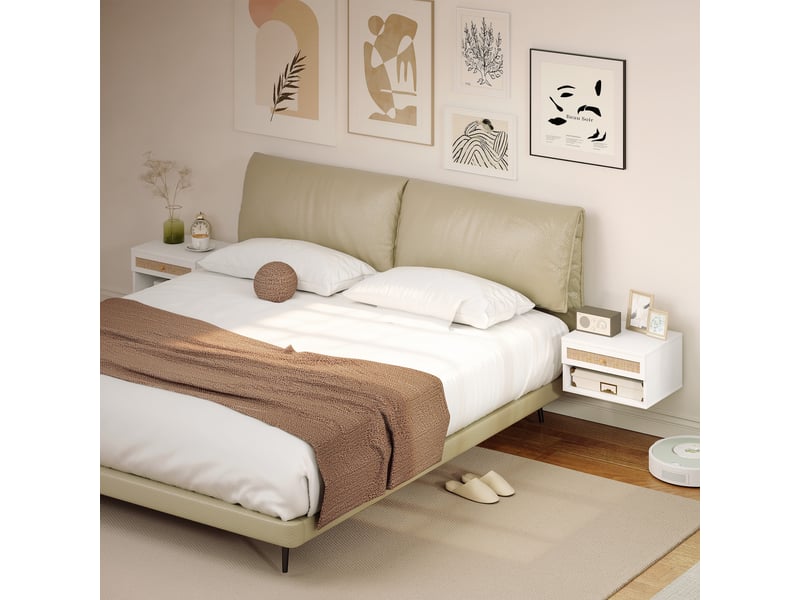  Table de chevet suspendue avec tiroir en rotin et étagère ouverte pour chambre à coucher 40x34x23cm blanc  - Conforama C