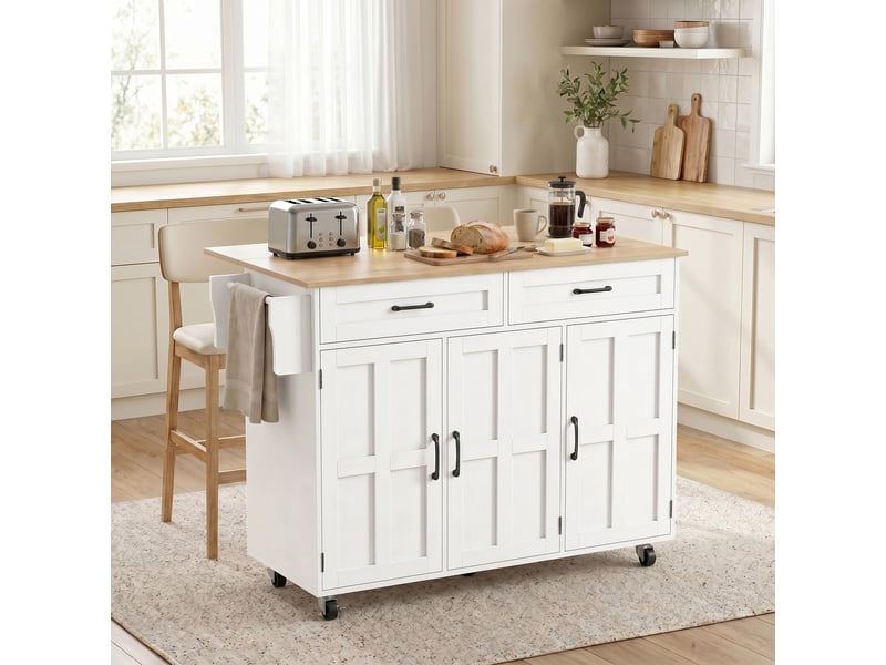  Îlot de cuisine avec plateau rabattable, chariot à roulettes 2 tiroirs, 3 portes, blanc, porte-racks et porte-serviettes  - Conforama D