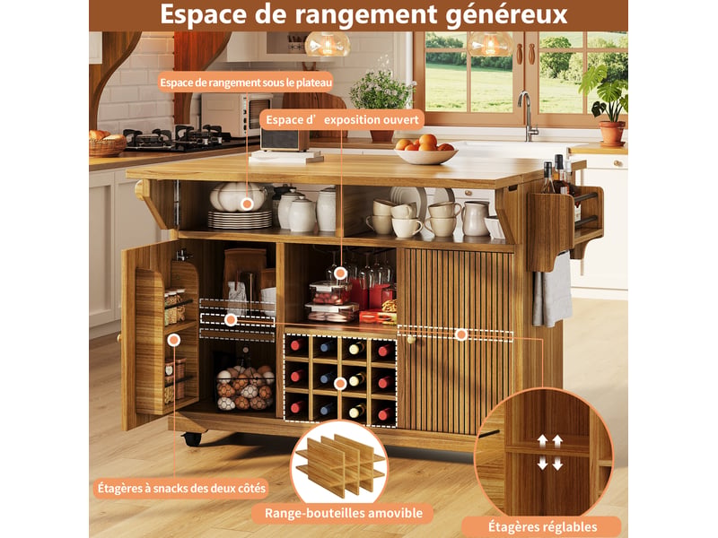 Desserte de cuisine 142,5x80x95 cm, plateau rabattable, roulettes, rangement cuisine, îlot, mdf et métal, brun foncé - Conforama D