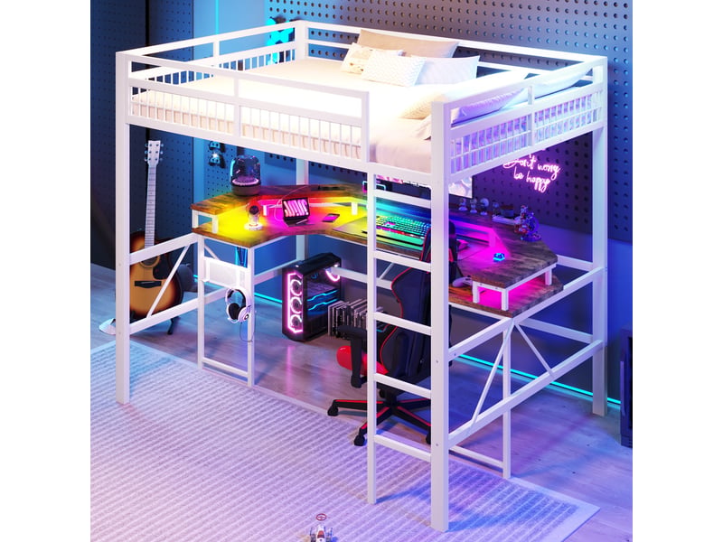 Lit mezzanine avec bureau 140x200 cm, led et 2 prises, lit surélevé avec ports usb et usb-c, panneau perforé, métal et mdf, blanc - Conforama C
