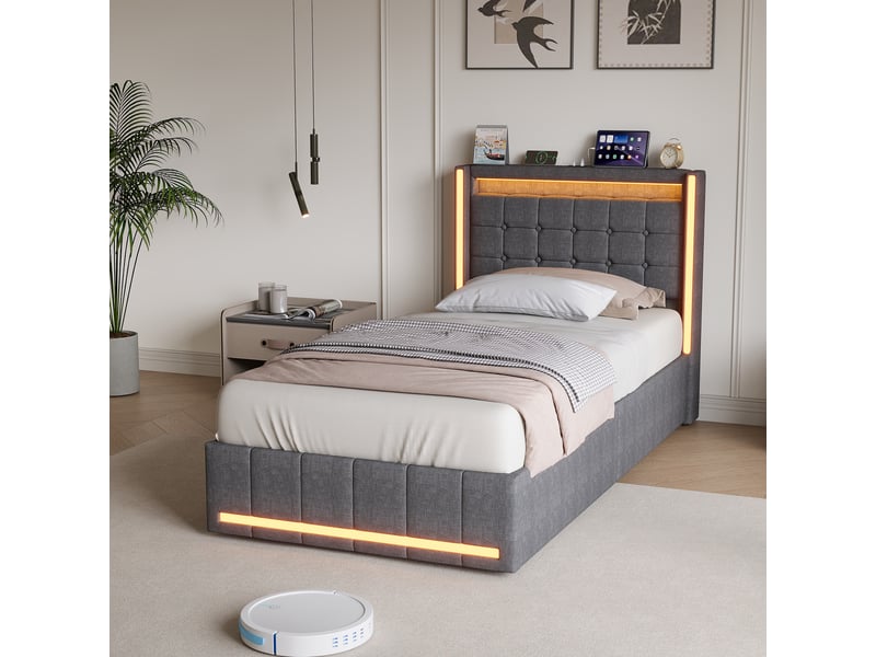  Lit rembourré 90 x 200 cm avec espace de rangement, station de recharge et éclairage led, gris  - Conforama E