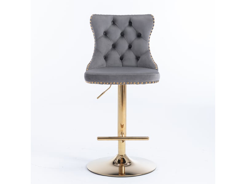  Tabouret de bar pivotant en velours gris, hauteur réglable, dossier capitonné, base dorée  - Conforama A