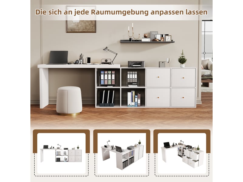  Bureau d'angle pivotant 360°, bureau en l blanc avec rangements, table informatique modulable avec 4 tiroirs et 4 compartiments.  - Conforama E