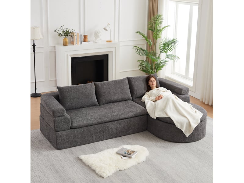  Canapé d'angle 3 places avec méridienne, accoudoirs à paliers et coussins épais, en tissu anthracite 260 × 170 × 65 cm  - Conforama D