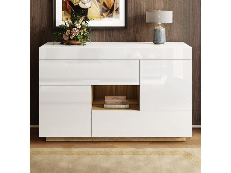 Buffet avec led 120x37x76,5 cm, 2 tiroirs et 2 portes, meuble de cuisine, salon, rangement, panneau de particules blanc - Conforama D