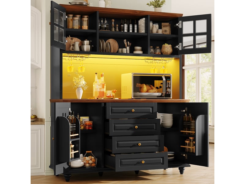  Buffet haut noir meuble de cuisine avec led rgb, 140x40x179.5cm, étagères réglables et porte-verres  - Conforama R