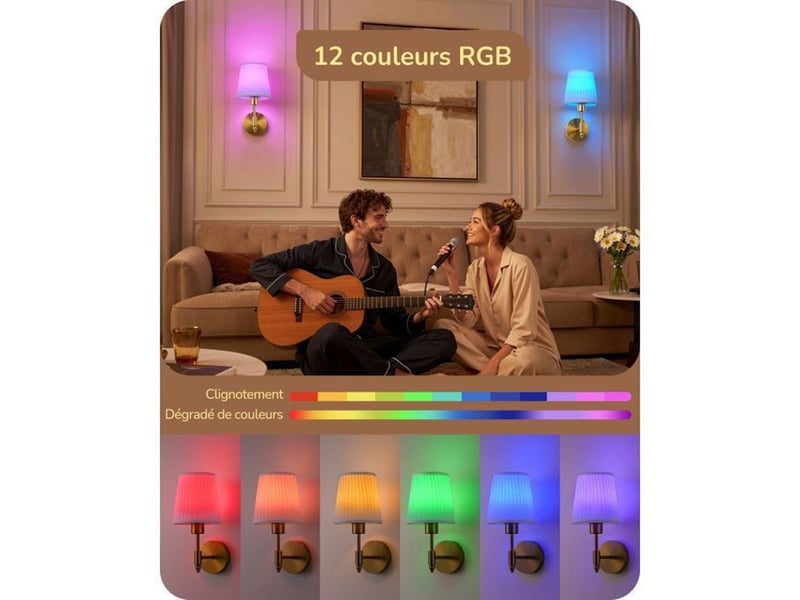  Applique murale sans fil lot de 2 style lin naturel e27 rgb dimmable avec télécommande 370618_AACYK26003_6_DROPFR - Conforama B