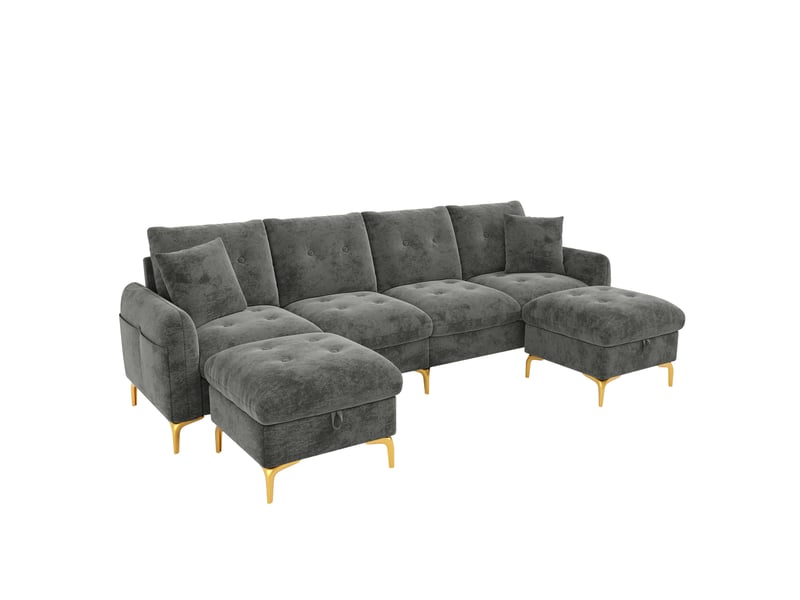 Canapé d'angle modulable 4 places en chenille gris avec 2 poufs de rangement - Conforama A