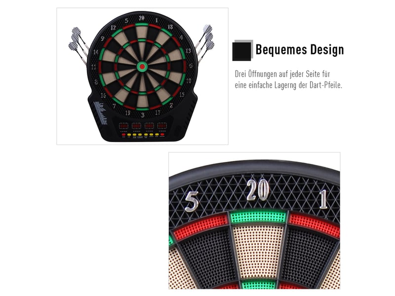 Cible fléchettes électronique 44×51,5×3,2 cm, écran led, comptage auto, sons, 6 fléchettes, 24 pointes, 27 jeux, 243 variantes, 16 joueurs - Conforama E
