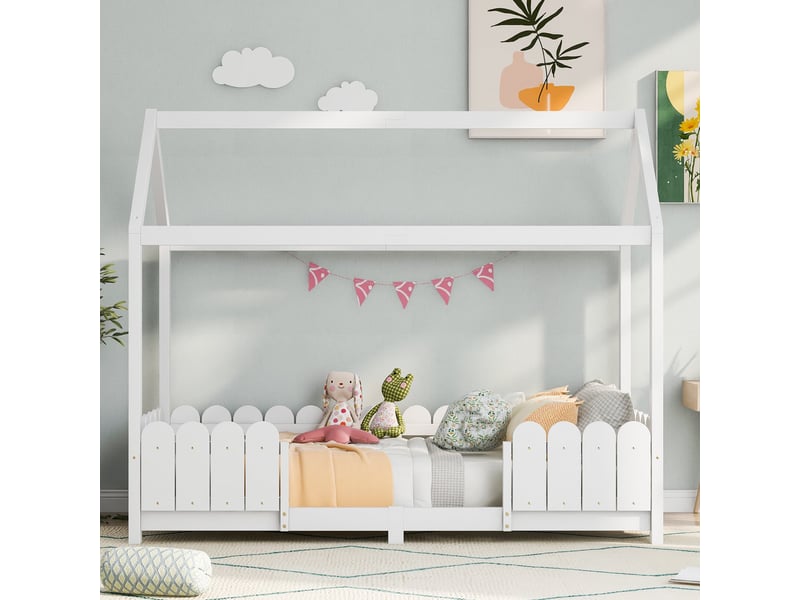  Lit cabane enfant 90x200 blanc avec barrière de sécurité et sommier à lattes bois massif pour chambre  - Conforama R