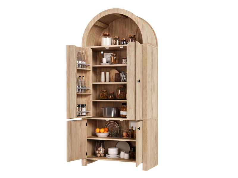  Buffet haut 78x40x180cm avec portes cintrées à grille, tiroirs et rangements, meuble de cuisine et salon, effet bois naturel evarich - Conforama A