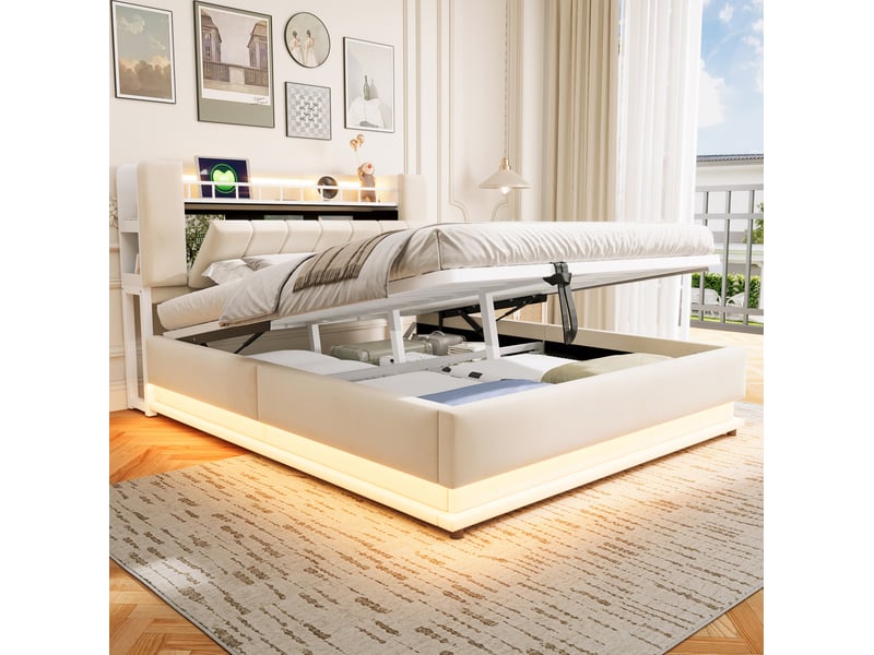  Lit double 160 × 200 cm avec coffre hydraulique, led, prises usb et rangement de tête en velours beige pour chambre  - Conforama E