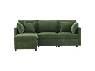 Canapé d'angle modulable en l 3 places avec pouf et 4 coussins en chenille vert