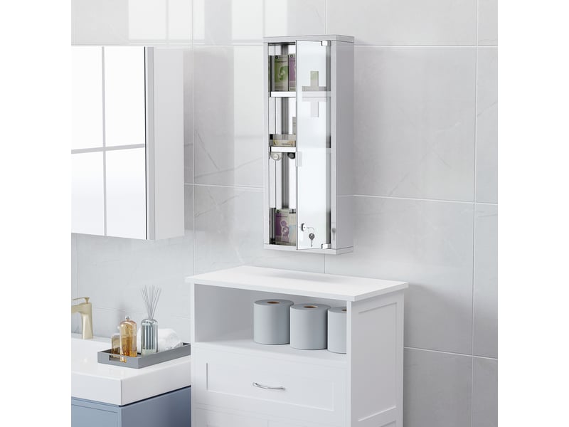  Armoire pharmacie acier inoxydable porte verre trempé, verrouillable, 3 compartiments, 20×12×58cm, argent  - Conforama C