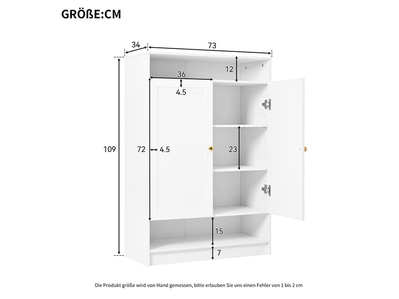  Meuble à chaussures 146x34x109 cm, 2 portes, étagères réglables, panneau de particules et métal, blanc  - Conforama C
