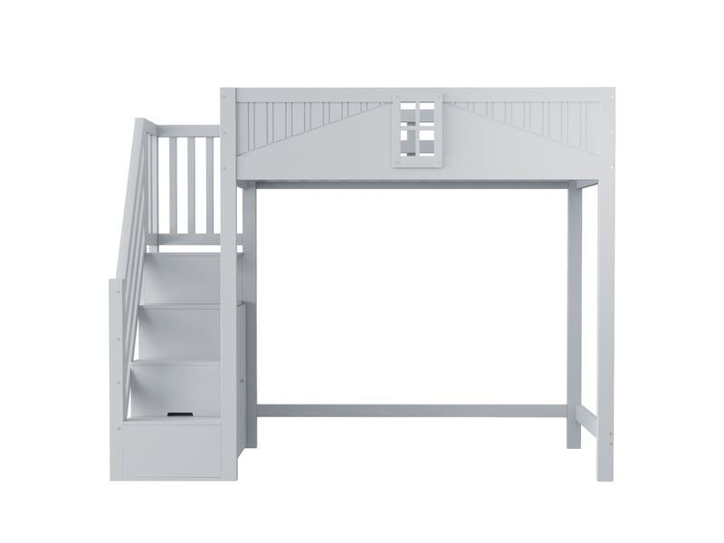  Lit mezzanine multifonction avec fenêtre, bois massif gris, 90x200 cm, échelle-rangement réversible  - Conforama A