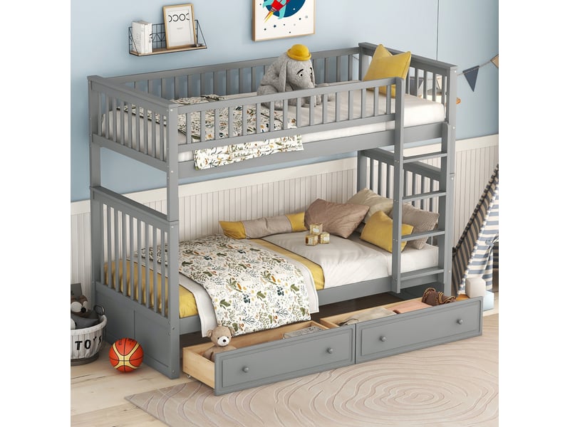 Modenvie lit superposé enfant 90x200 cm - convertible en 2 lits avec 2 tiroirs - pour chambre d'enfant - gris - Conforama B