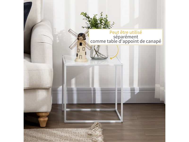  Lot de 2 tables basses gigognes, lot de 2 tables gigognes de salon, modulables, style industriel, en acier, blanc mat  - Conforama E