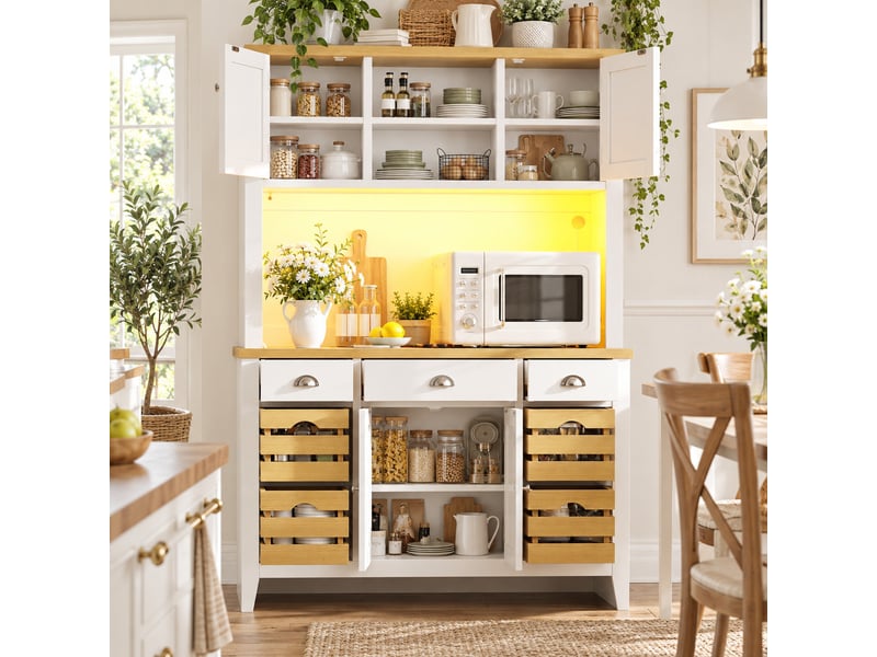  Armoire haute de rangement avec portes, étagères réglables, paniers et éclairage led rgb - blanc  - Conforama D
