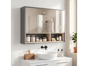 Armoire de toilette murale 3 portes miroir en mdf gris 80x20x60 cm