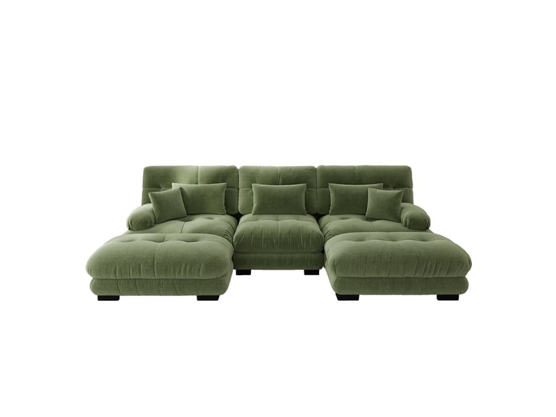 Canapé modulable d'angle en u, canapé panoramique 313x145 cm, revêtement chenille vert, salon grand format - Conforama A